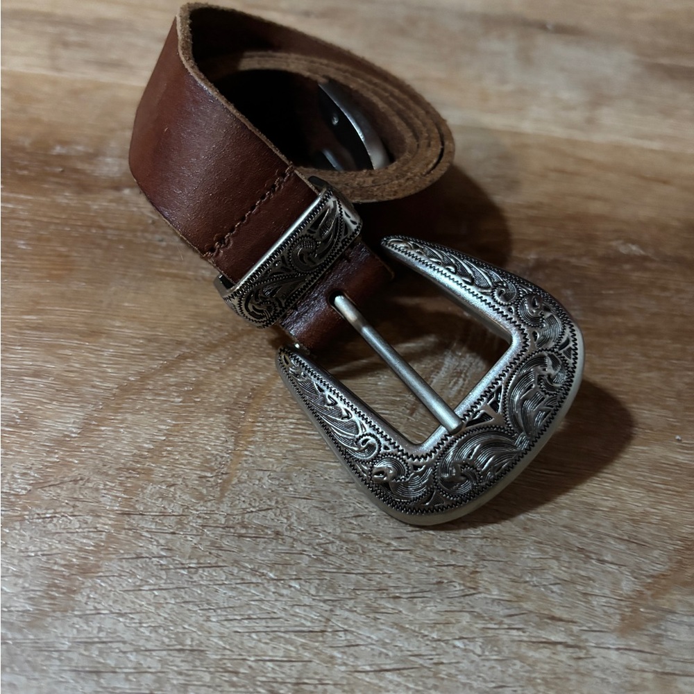 Urban Outfitters Brown Leather Belt with Engraved Silver Buckle